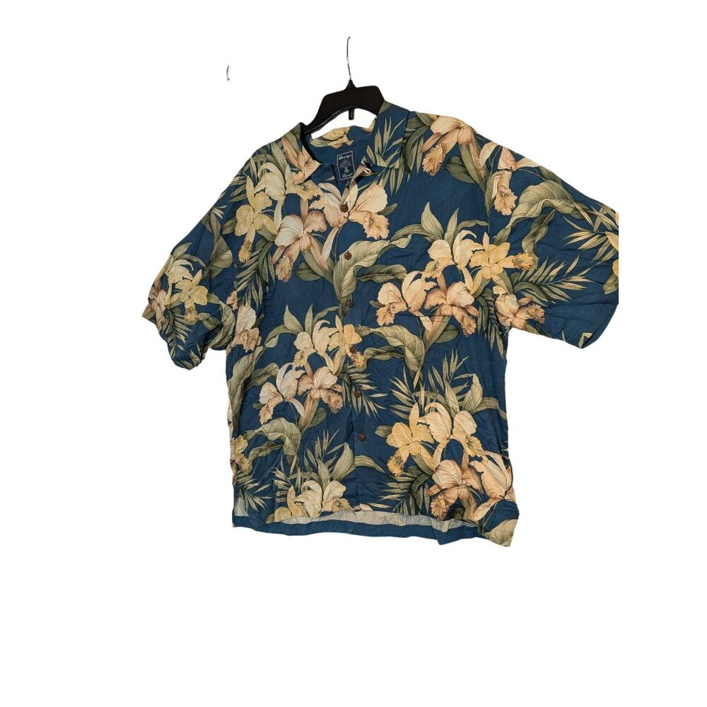 Vintage Montego Resort Tropical Hawaiian Silk Shirt Floral Print Blue Gold XL